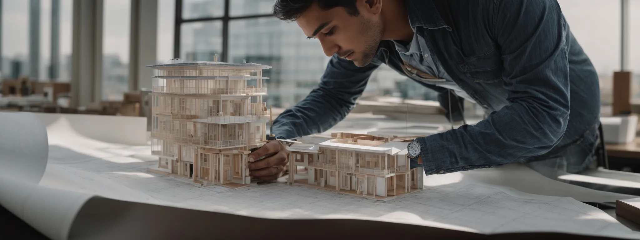 an architect meticulously studying a detailed blueprint of a building's framework.