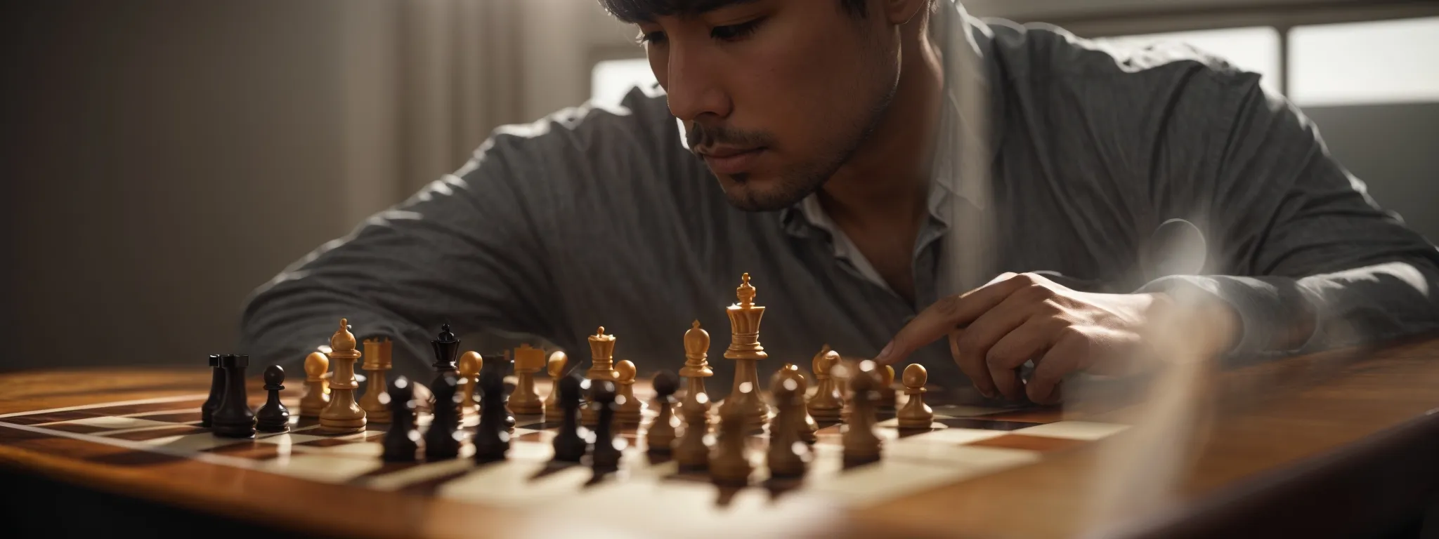 a chess player contemplating a move on a tranquil, sunlit board symbolizing strategic thinking in seo backlinking.