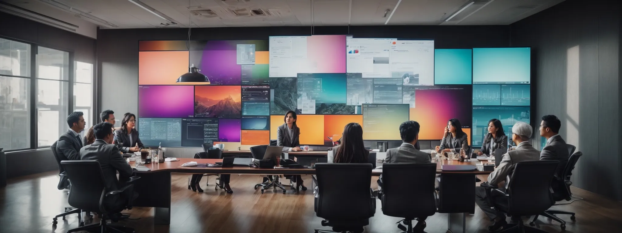 a dynamic team convenes around a conference table, brainstorming and strategizing over their social media marketing plan with a large screen displaying colorful analytics.