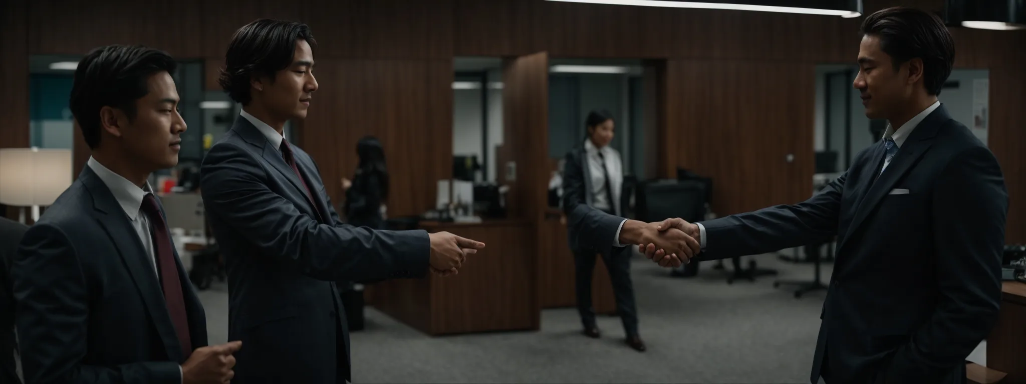two individuals, engaged in a firm handshake against the backdrop of a bustling office space, symbolize a successful partnership.