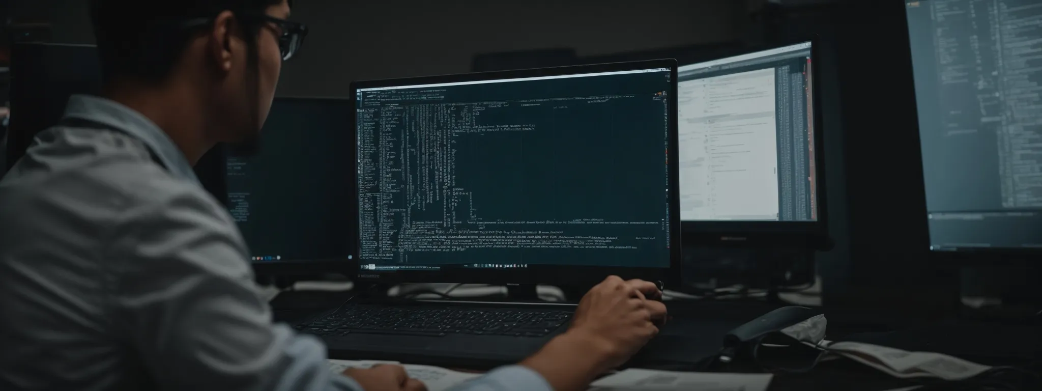a web developer intently scrutinizes code on a computer screen, optimizing a website's backend for peak technical seo performance.