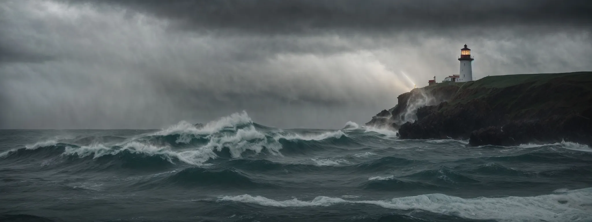 a lighthouse casting a beam across stormy seas, symbolizing guidance and safe navigation in a volatile environment.