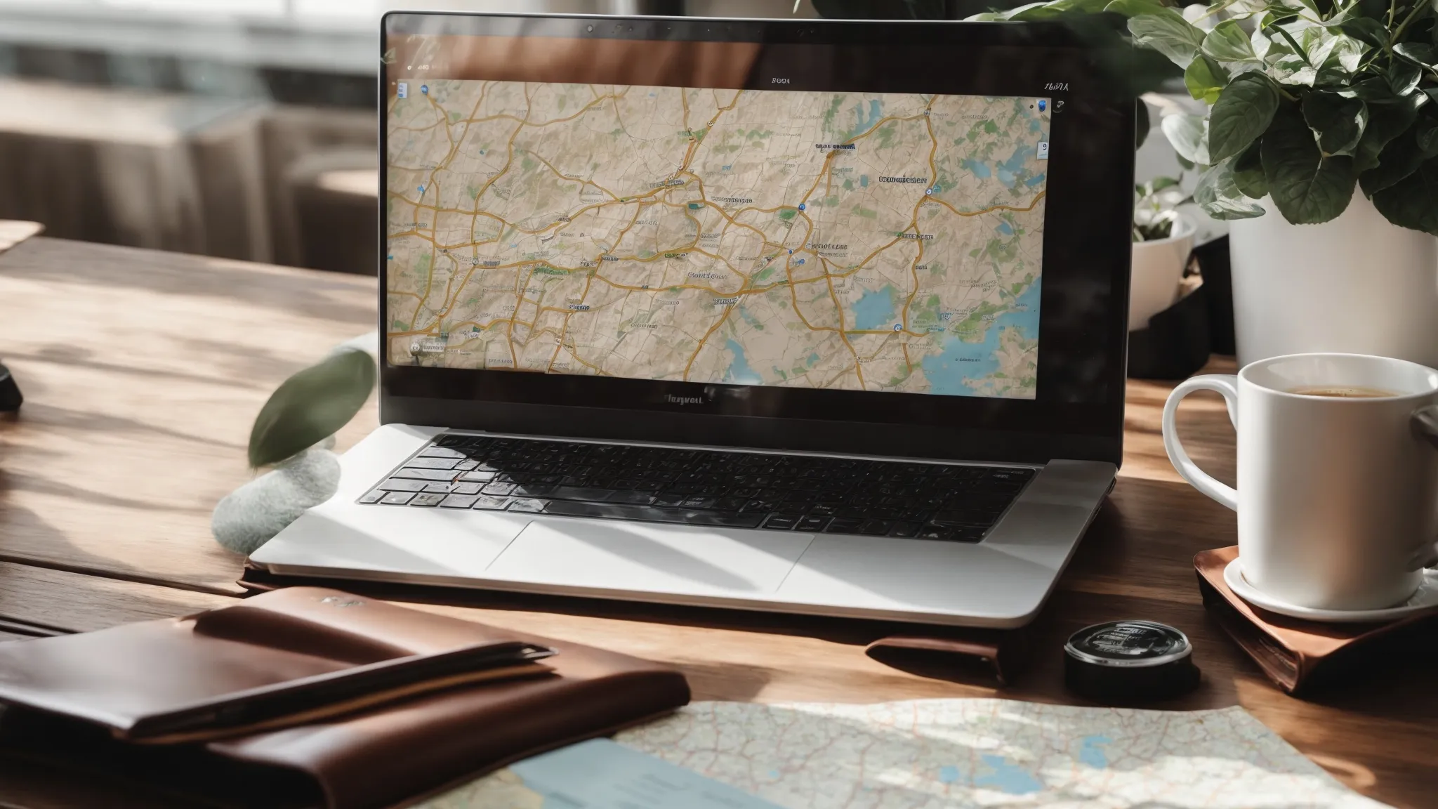 a laptop with a map and location pins on its screen sits on a desk next to a cup of coffee, conveying a local seo planning session.