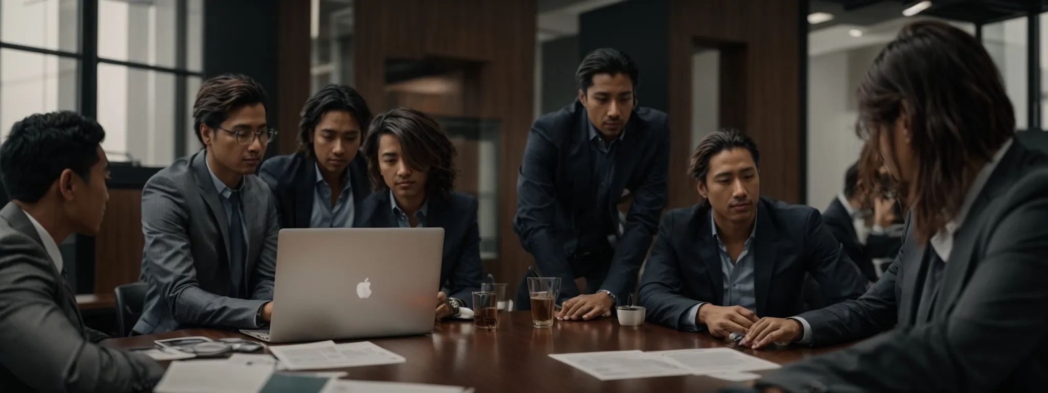 a diverse team of professionals gather around a conference table, discussing strategies over an open laptop and charts, emphasizing teamwork in a technology-driven workplace.
