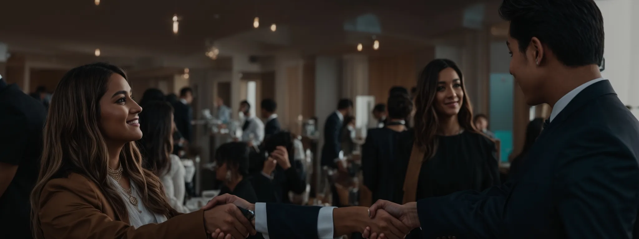 an influencer and a brand representative shaking hands at a collaborative event.