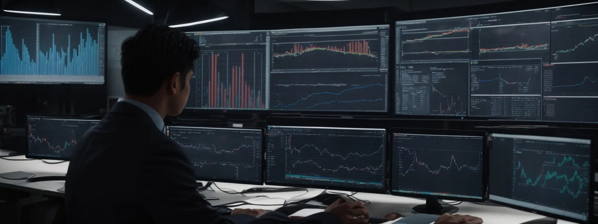 a person at a large desk with multiple computer screens displaying graphs and analytics while analyzing data trends.