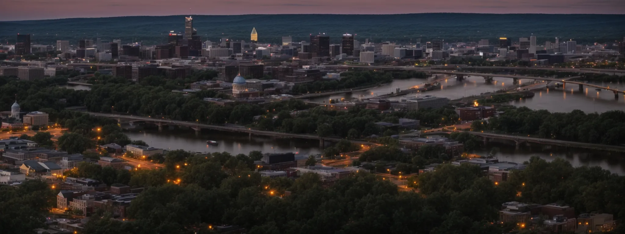 a panoramic view of the harrisburg skyline at dawn symbolizes a focused local seo strategy.