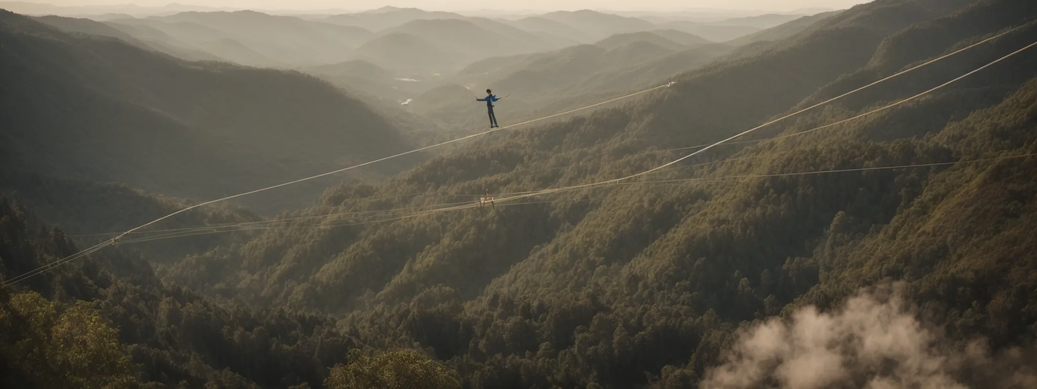 a tightrope walker carefully treading the line symbolizes the delicate balance between keyword optimization and understanding user queries in seo.