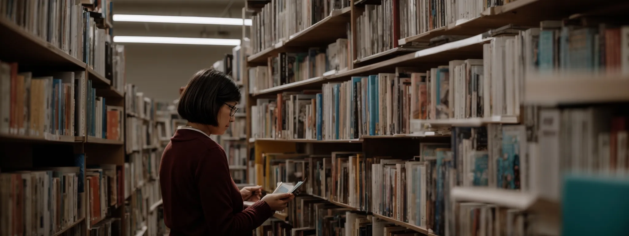 a librarian organizing an expansive shelf of diverse books under a bright light.