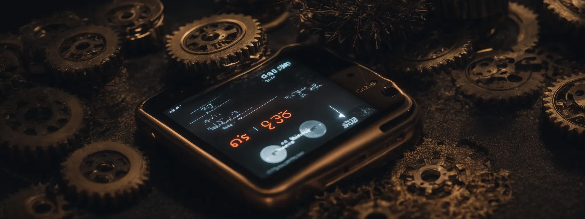 a mobile phone with a growth chart on the screen surrounded by different sized gears, implying the upgrading from basic to advanced optimization tools.