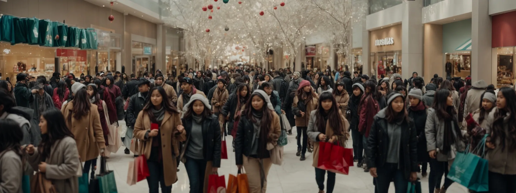 a bustling black friday shopping crowd in a mall, with shoppers carrying colorful bags walking past decorated storefronts.