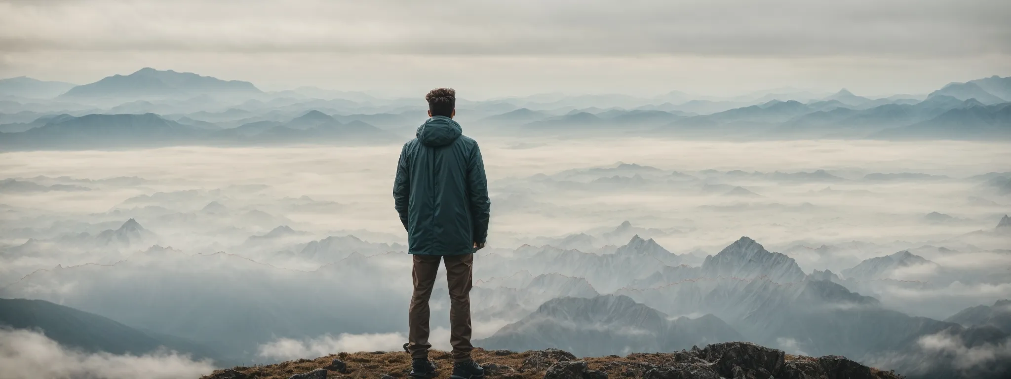 a person standing on a mountain peak gazing at a vast digital landscape of graphs and charts stretching out into the horizon.
