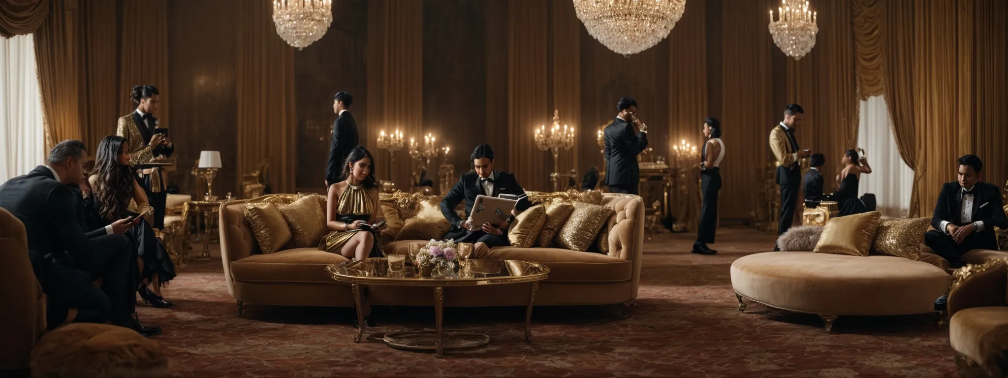 an opulent room where a glittering, diamond-studded ipad lies at the center of a velvet cushion, with influencers gathered around capturing the moment on their phones.