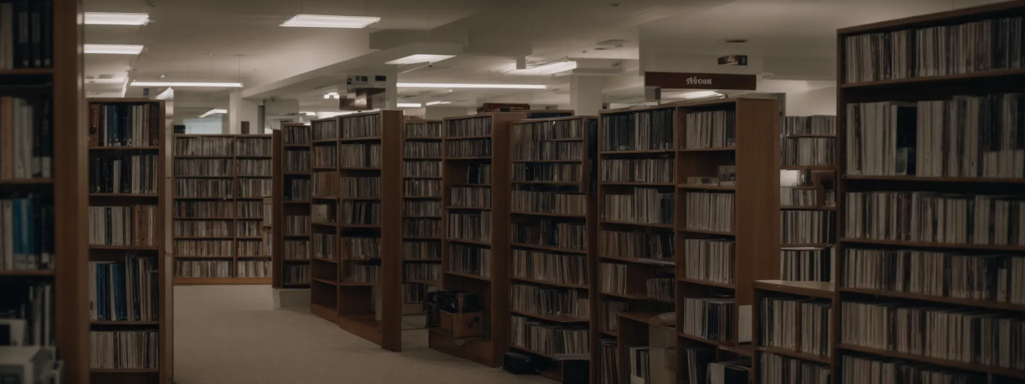 a library with neatly arranged shelves of multimedia resources like film reels, cds, and photo albums, symbolizing an organized digital asset management system.