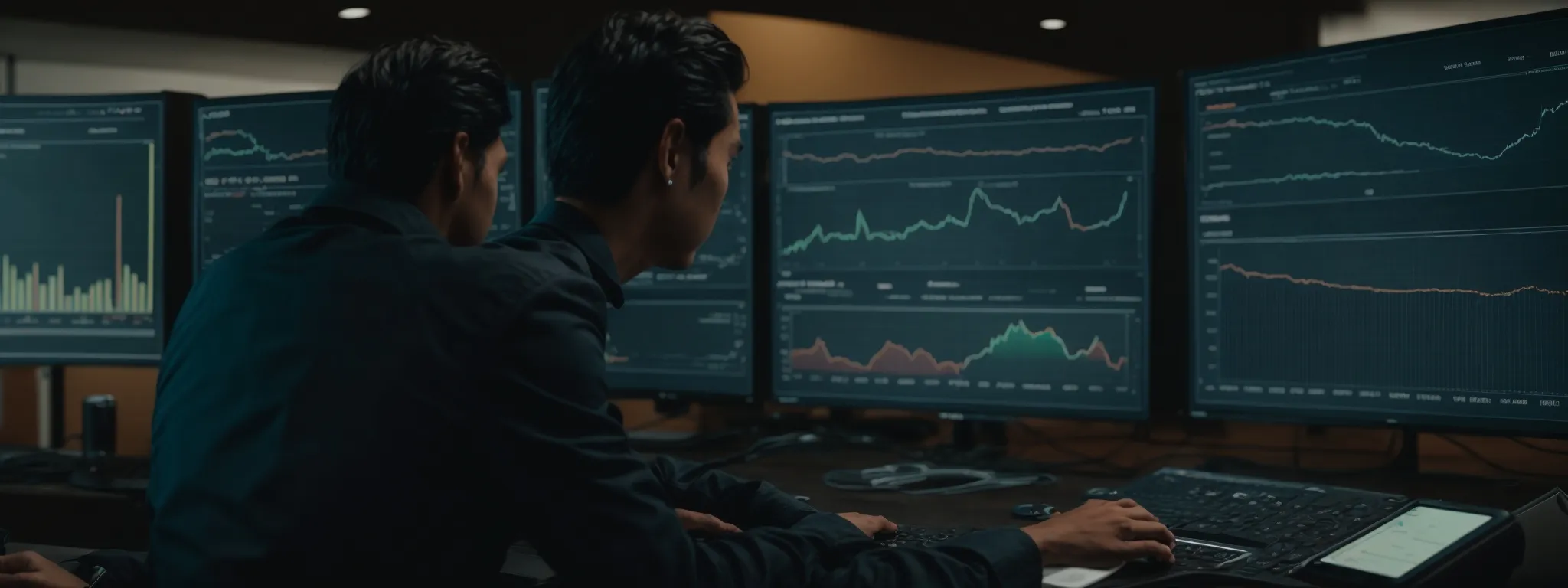 a person scrutinizing a complex dashboard displaying various seo metrics and graphs on a large monitor.