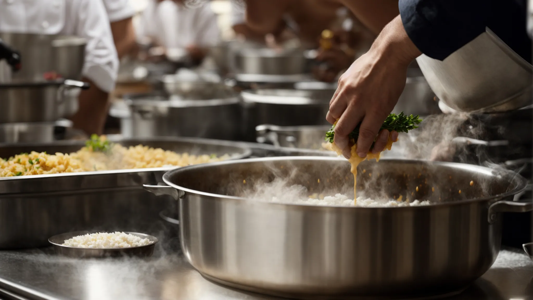 a chef pours ingredients into a simmering pot in a bustling kitchen.