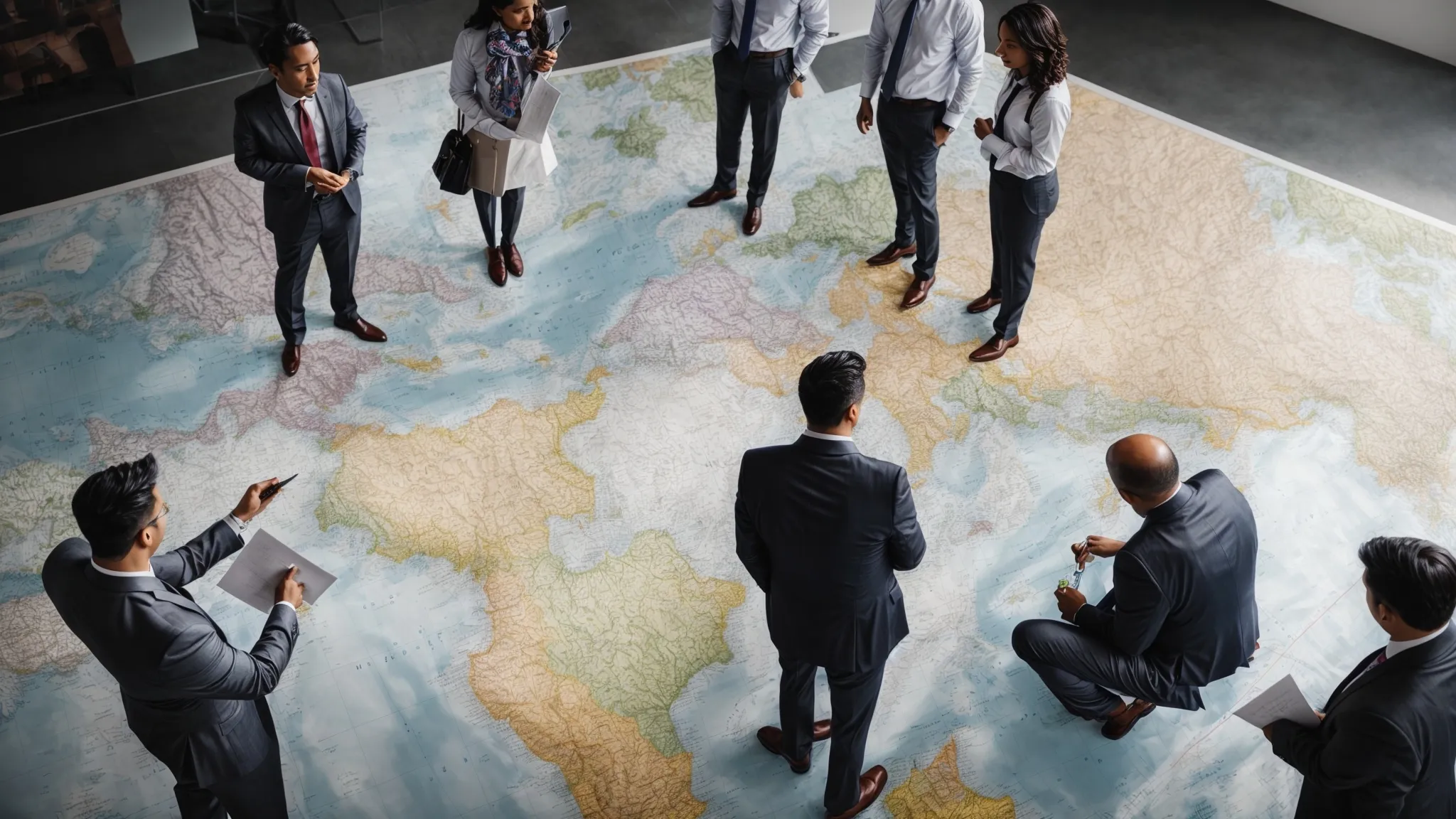 a group of diverse business professionals examining a large map with colorful pins marking different locations.