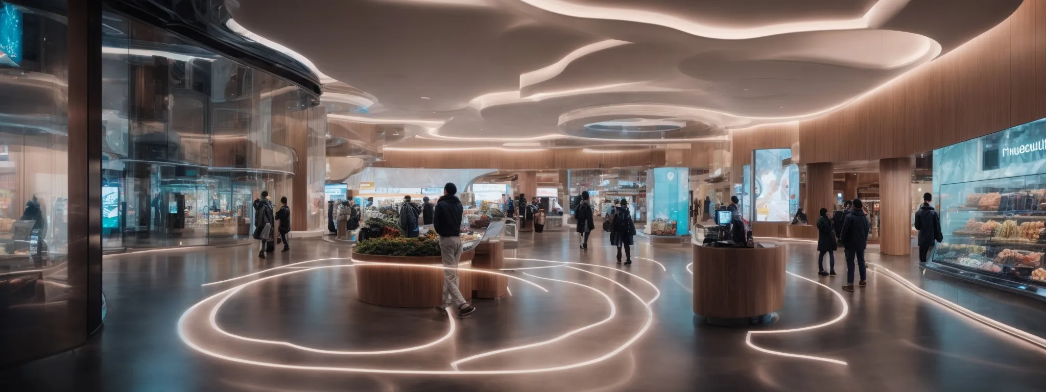 a futuristic-looking shopping center aglow with interactive digital displays.