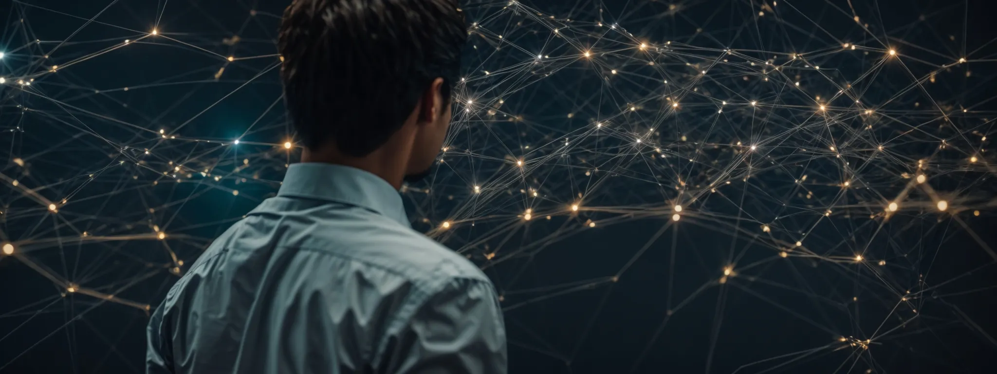 a business person analyzing a complex network of connected nodes on a digital interface to represent strategic link building.
