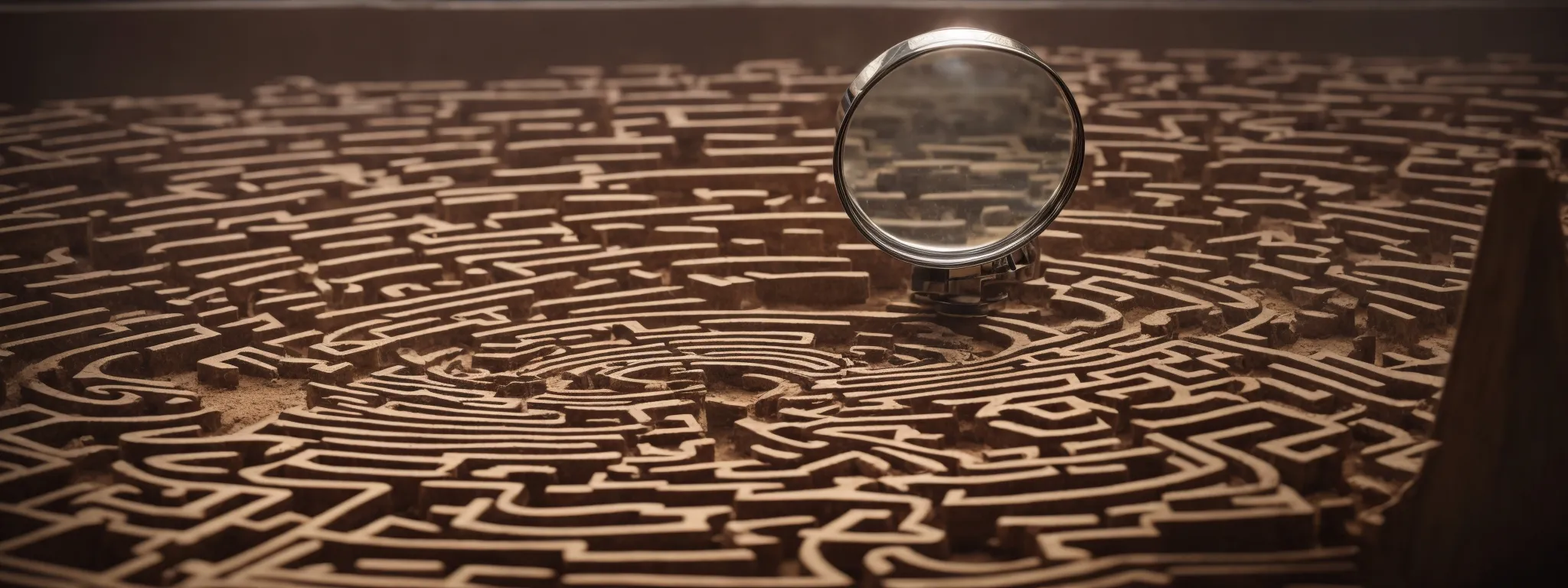 a magnifying glass hovering over a complex maze, highlighting a clear path to a treasure chest.