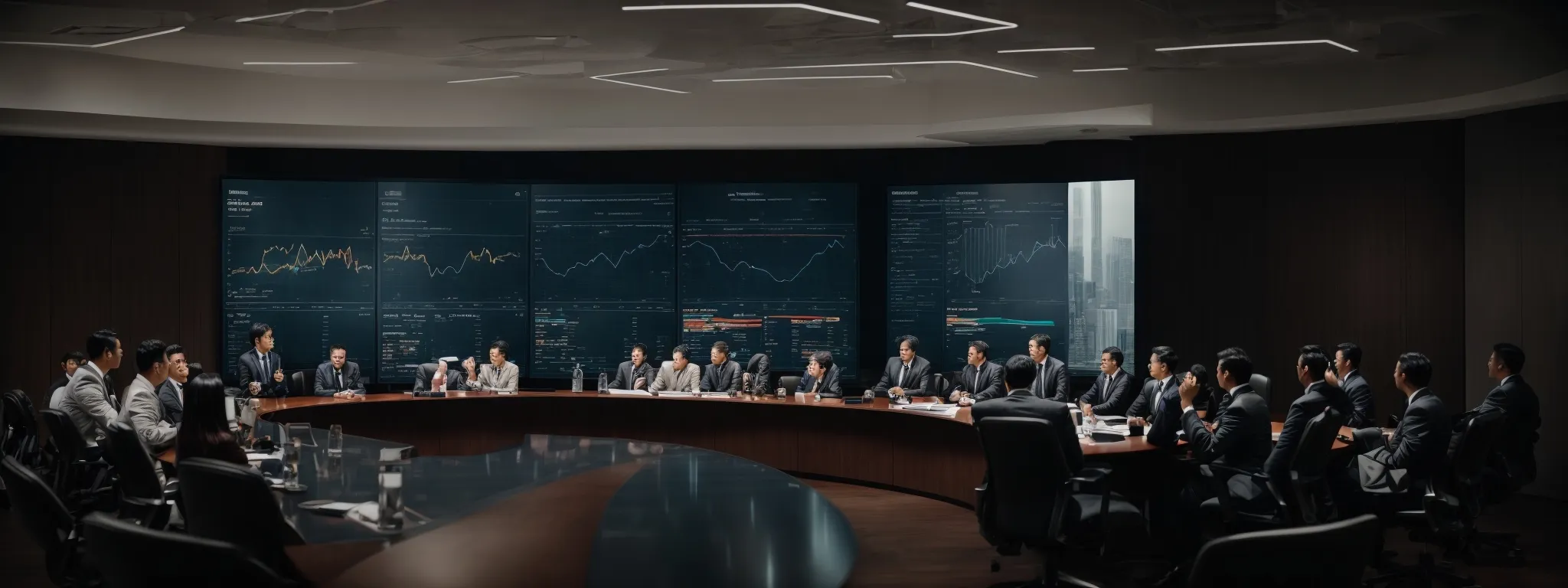 a boardroom with a large display screen showcasing a data management graph, surrounded by professionals engaged in strategic discussion.