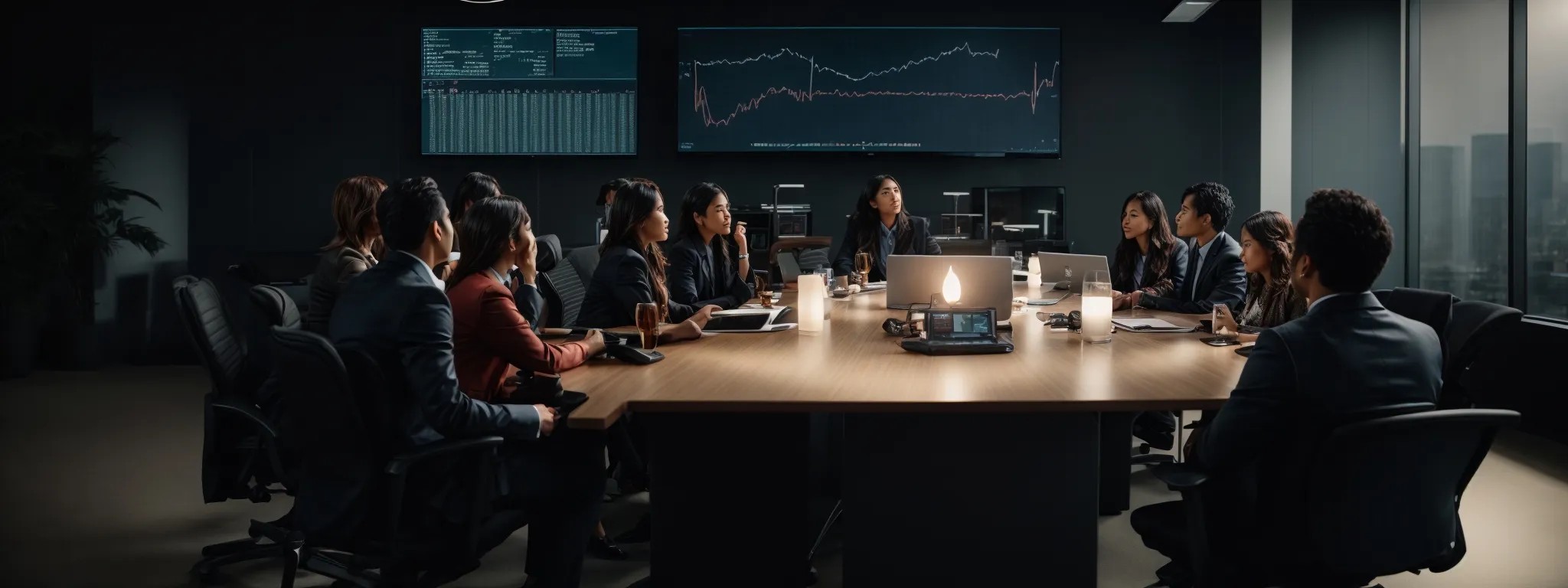 a team of professionals celebrate around a conference table with a glowing computer screen displaying graphs that trend upward.