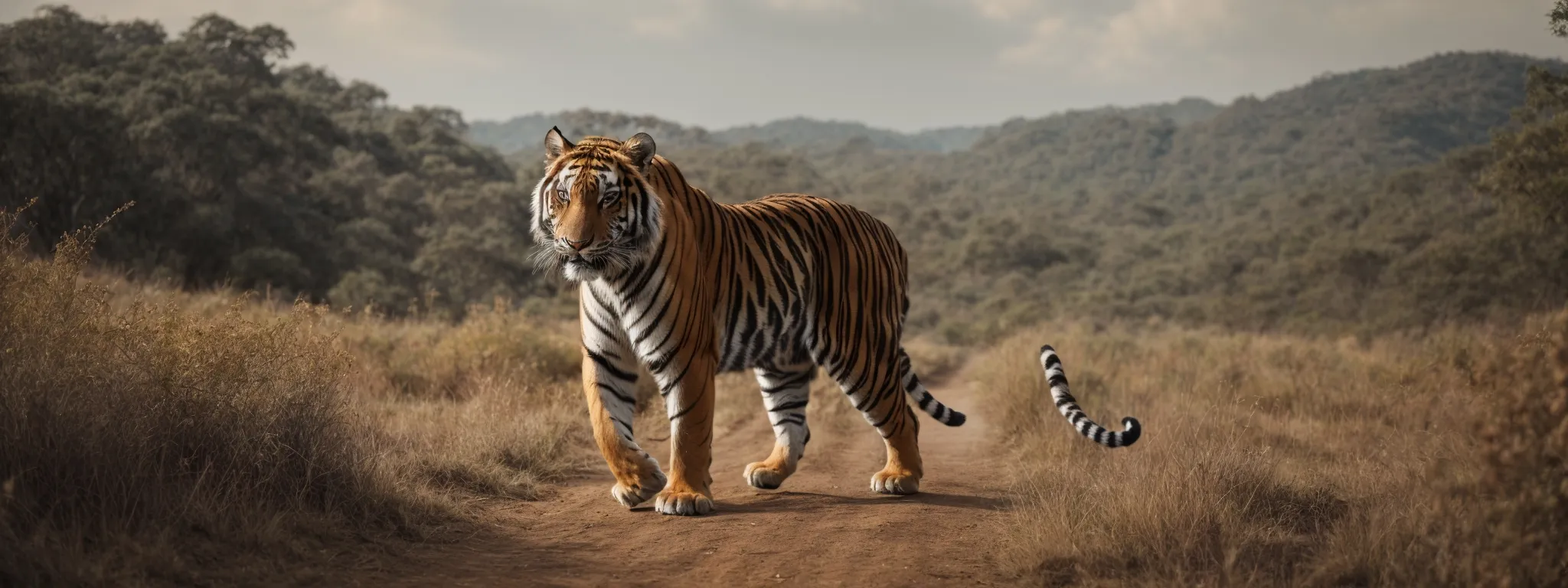 a majestic tiger walks steadily across a dense digital landscape symbolizing fiscal tiger's growing online authority.
