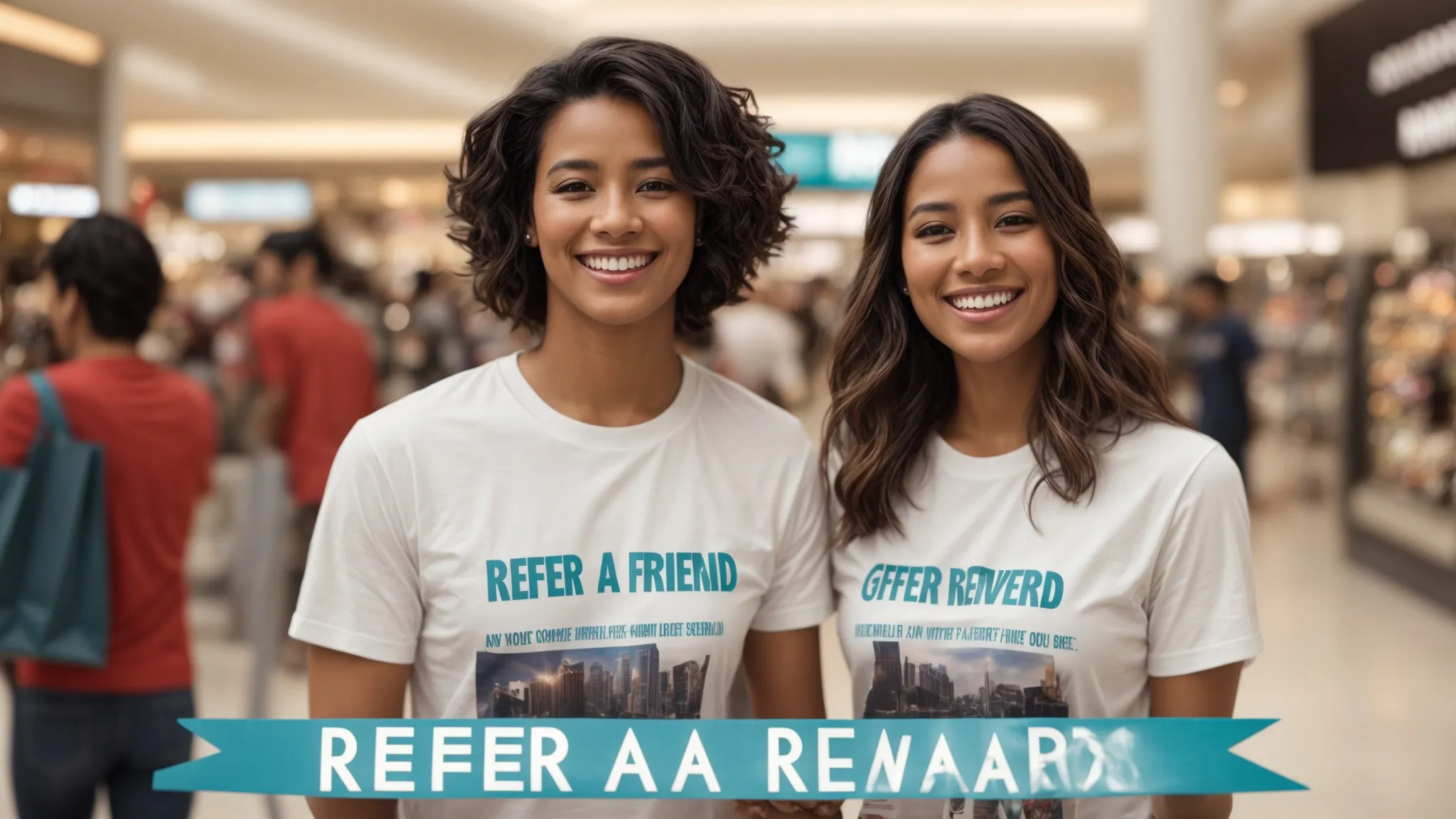 two smiling individuals wearing branded t-shirts, holding up a sign that reads "refer a friend, earn rewards!" in a bustling shopping mall.