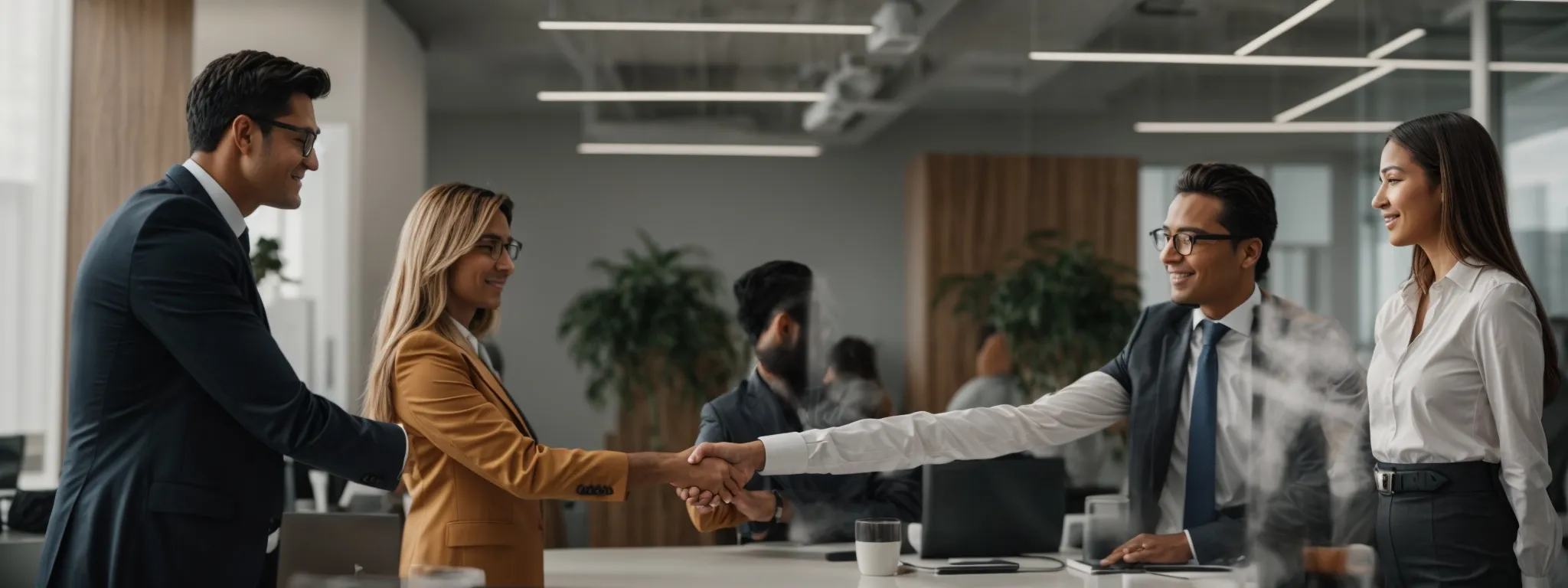 a business professional shakes hands with an seo expert in a bright, modern office, symbolizing a partnership with oversight.