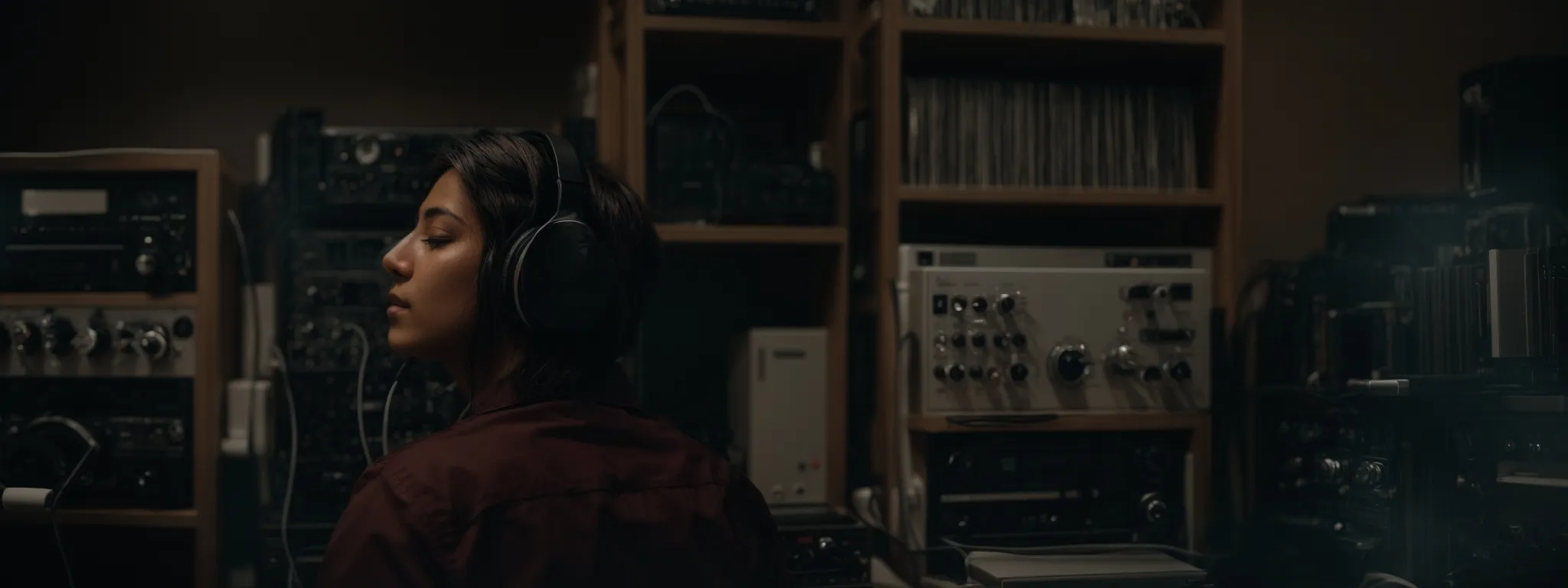a researcher attentively listens through headphones to the output of a high-tech sound synthesizer contrasted by a dusty reel-to-reel tape player, capturing the evolution from past to present in voice replication technology.