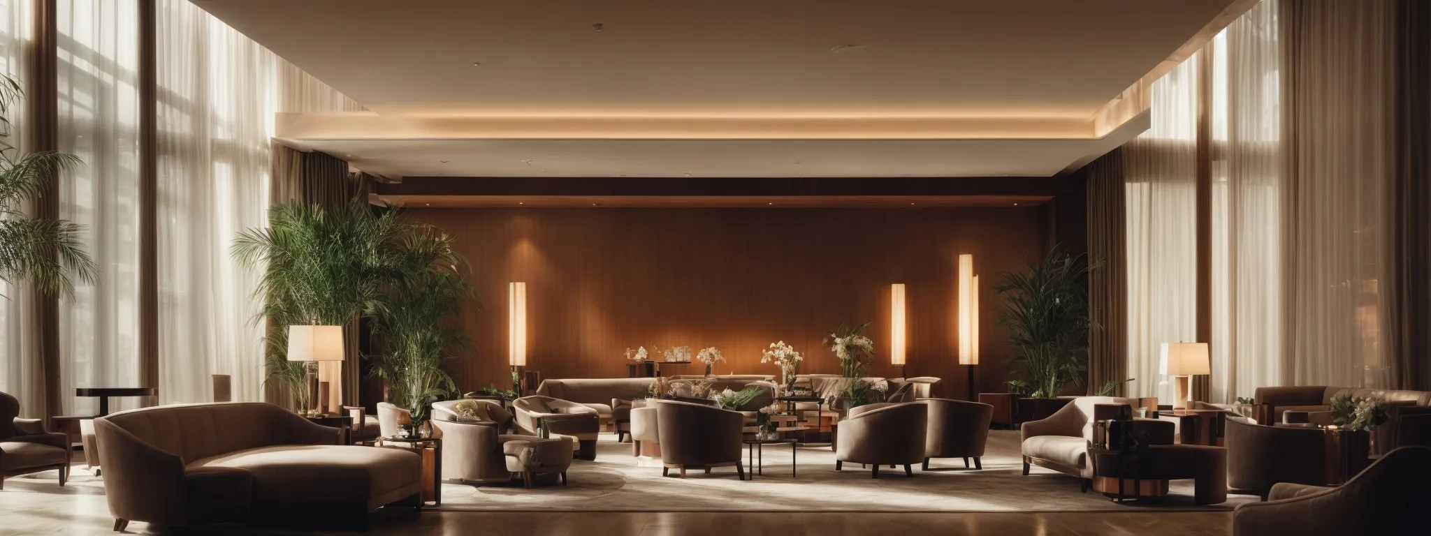 a luxurious hotel lobby bathed in natural light with plush seating and an inviting ambiance.