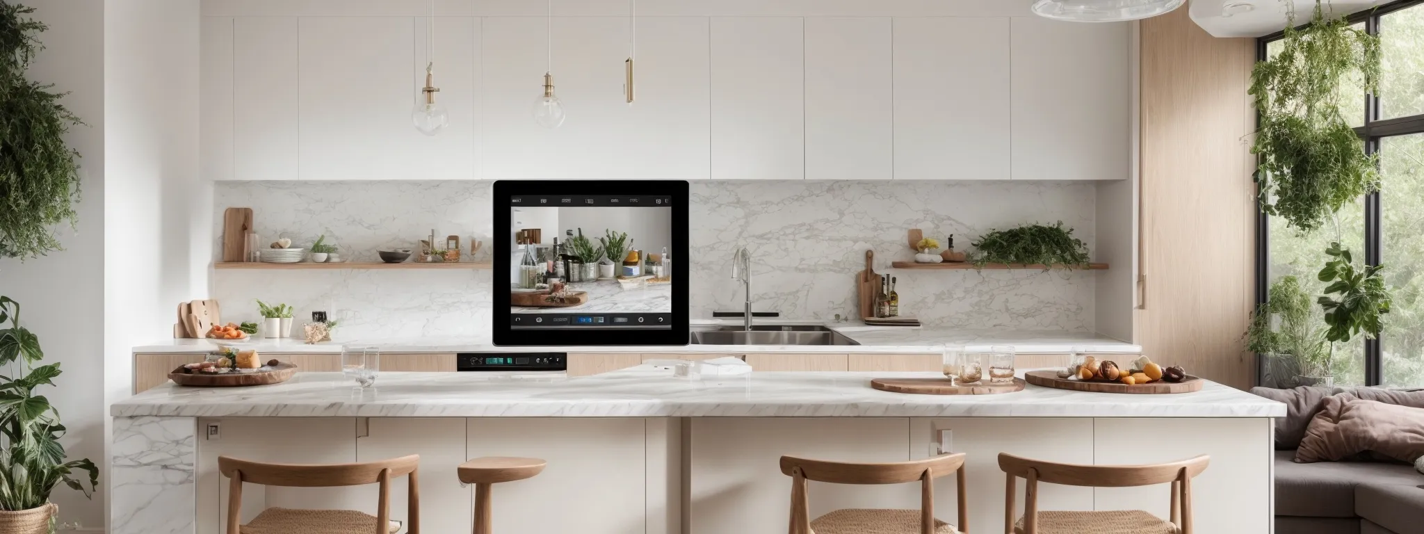 a sleek, modern kitchen transformation before and after, with a tablet displaying the interactive design simulator on the marble countertop.