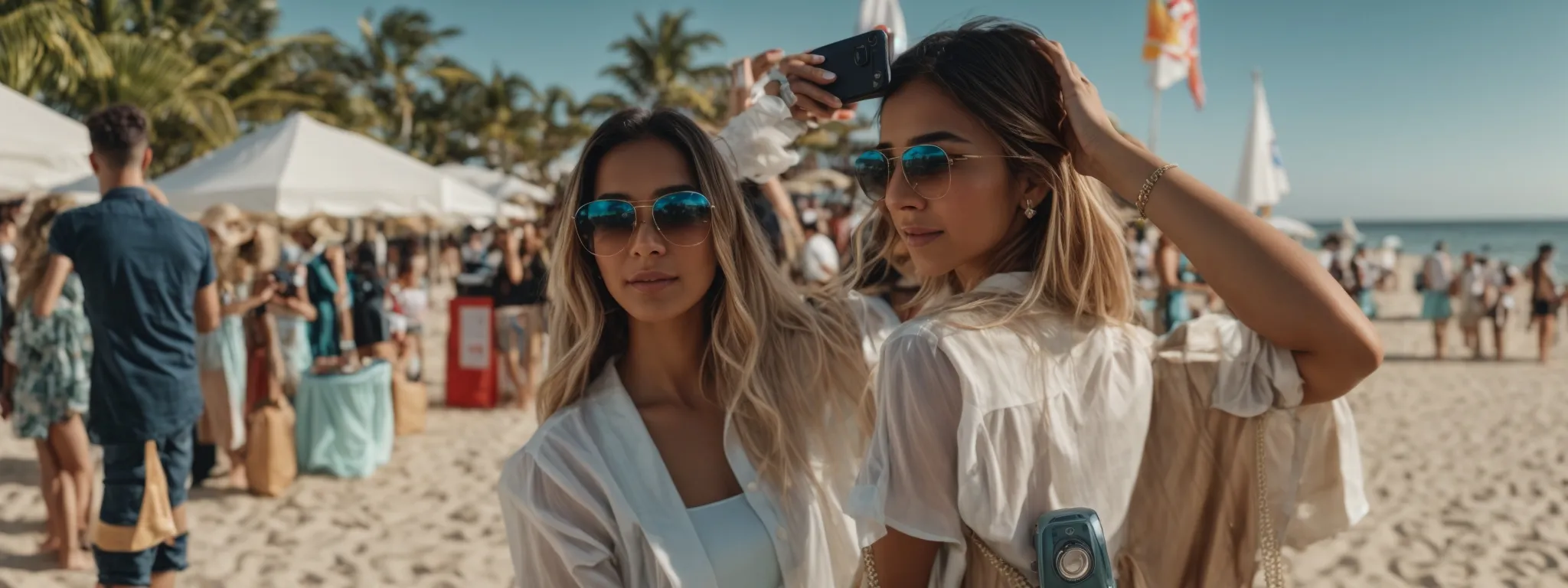 an influencer taking a selfie with a product at a beachside promotional event.