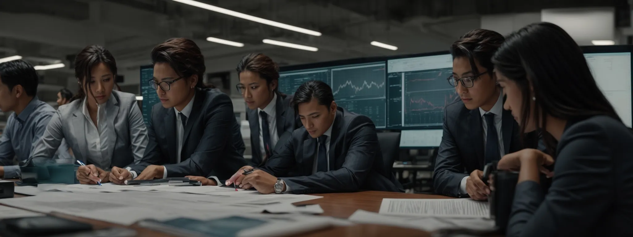 a group of professionals intently studying graphs and charts on a large monitor in a modern office.