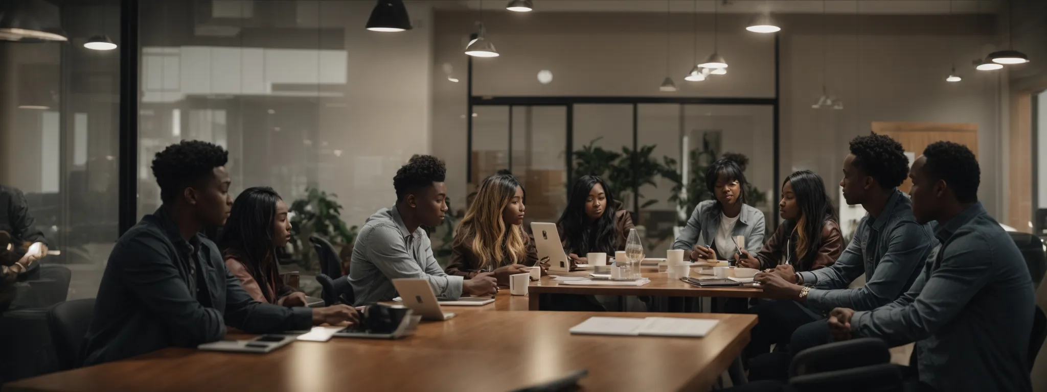 a dynamic, well-lit meeting room where a diverse group of creatives are brainstorming and strategizing around a table filled with various digital devices.