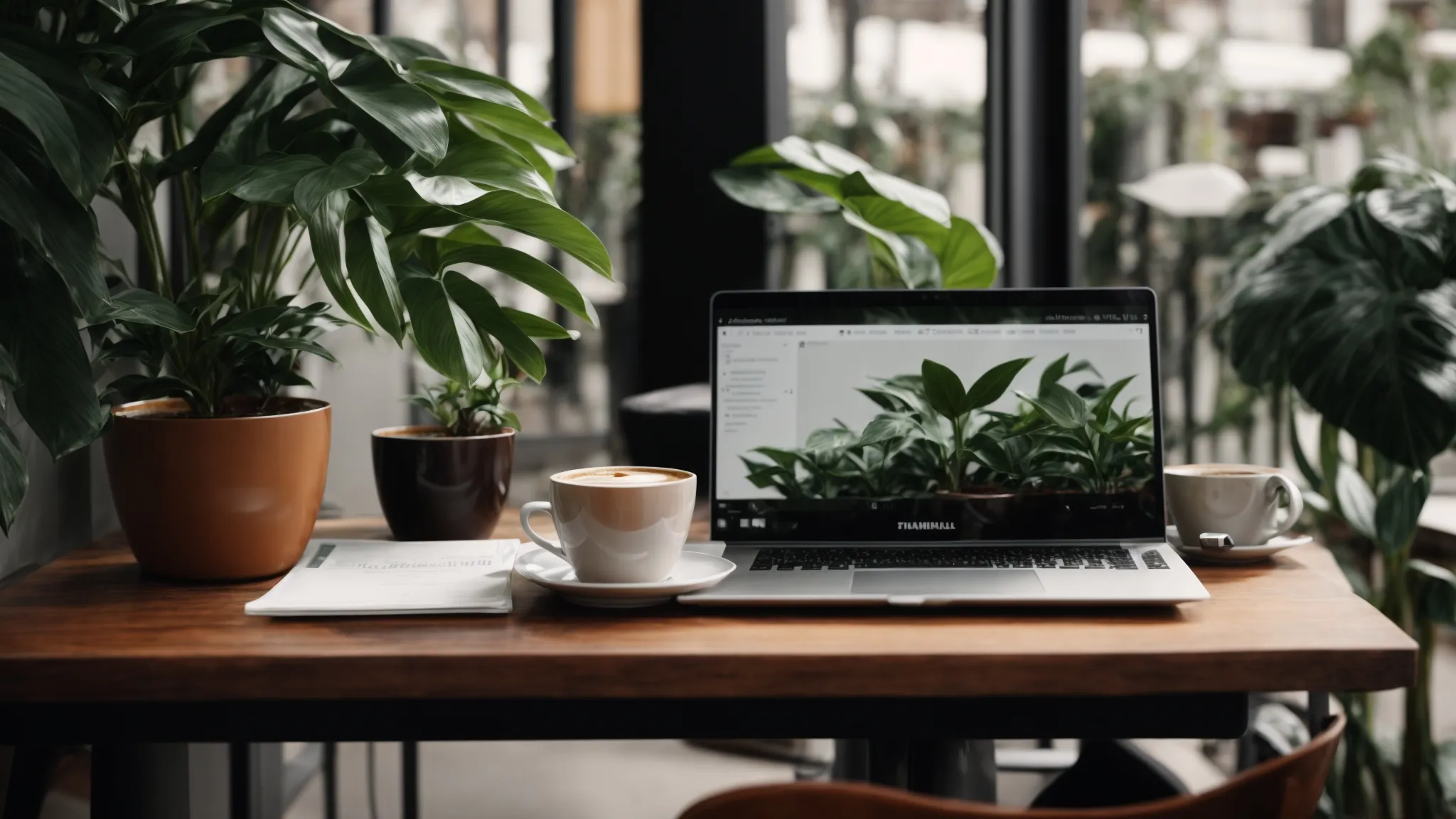 a laptop open on a small cafe table with a cup of coffee beside it, surrounded by plants and marketing strategy notes.