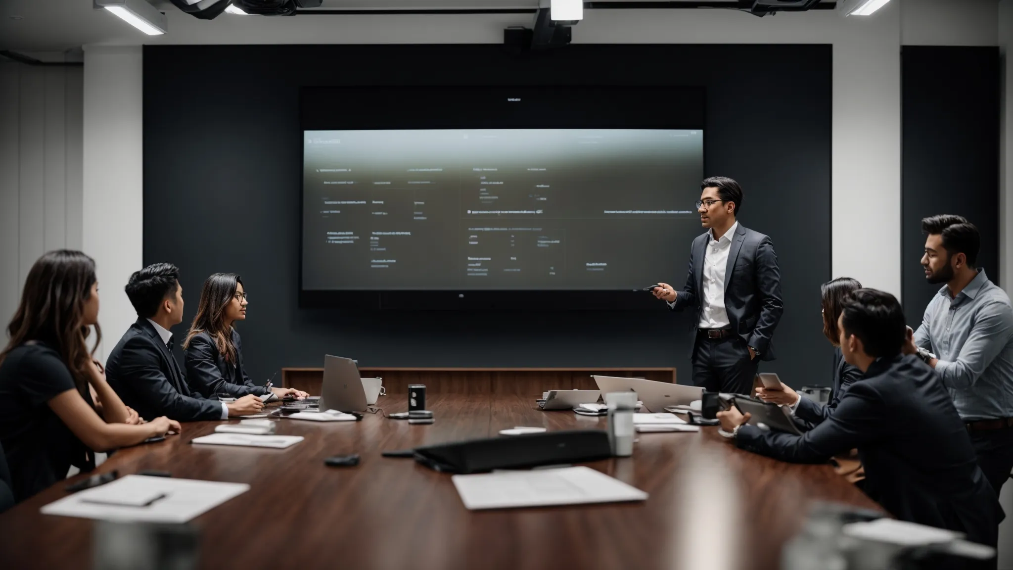 a digital marketing expert presenting an seo strategy to a team of professionals around a conference table using a laptop and projector screen.