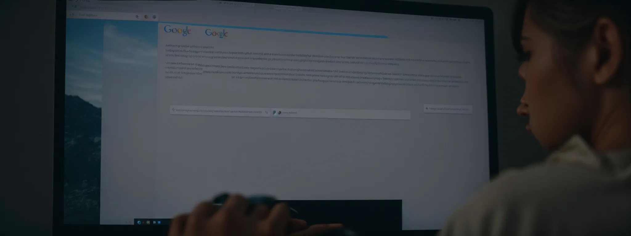 a person gazes at a brightly lit computer screen displaying an open google search bar with suggestive text dropdown.