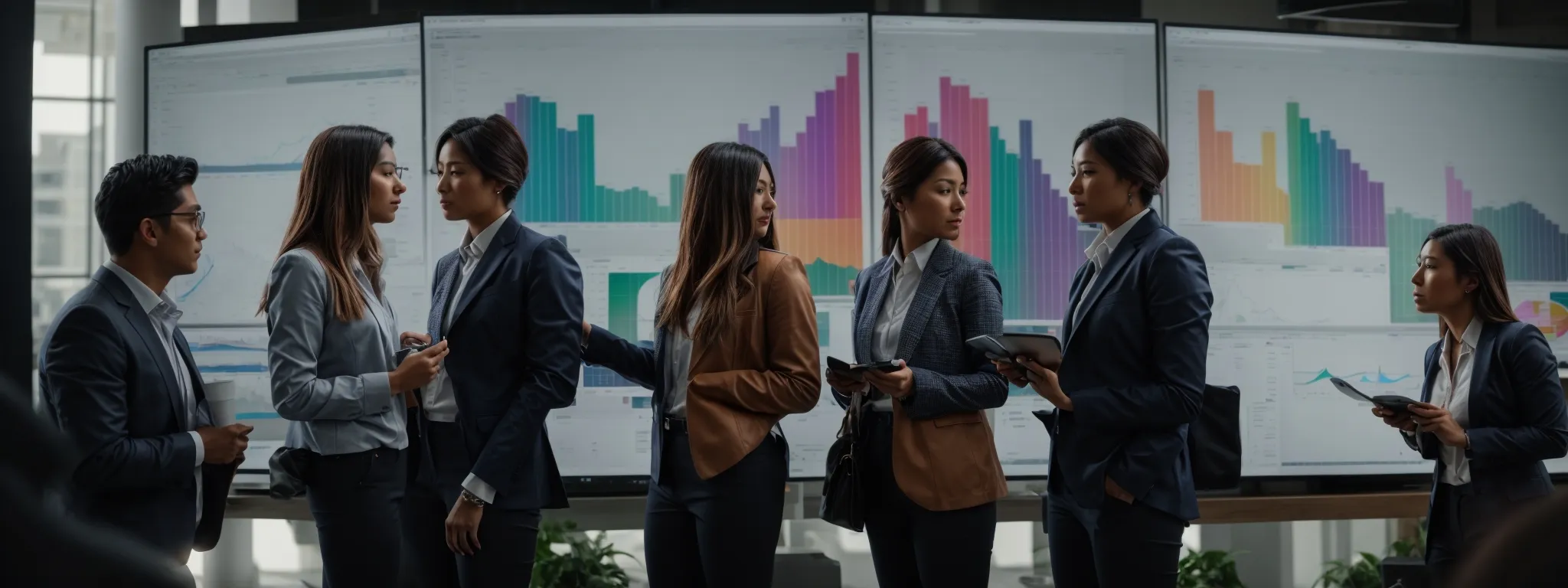 a group of marketing professionals intently reviewing a large screen displaying colorful analytics graphs.