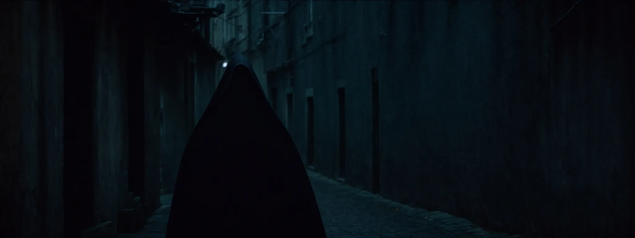 a cloaked figure slips through a dark, shadowy alleyway, a fitting metaphor for the elusive and unethical nature of black hat seo tactics.