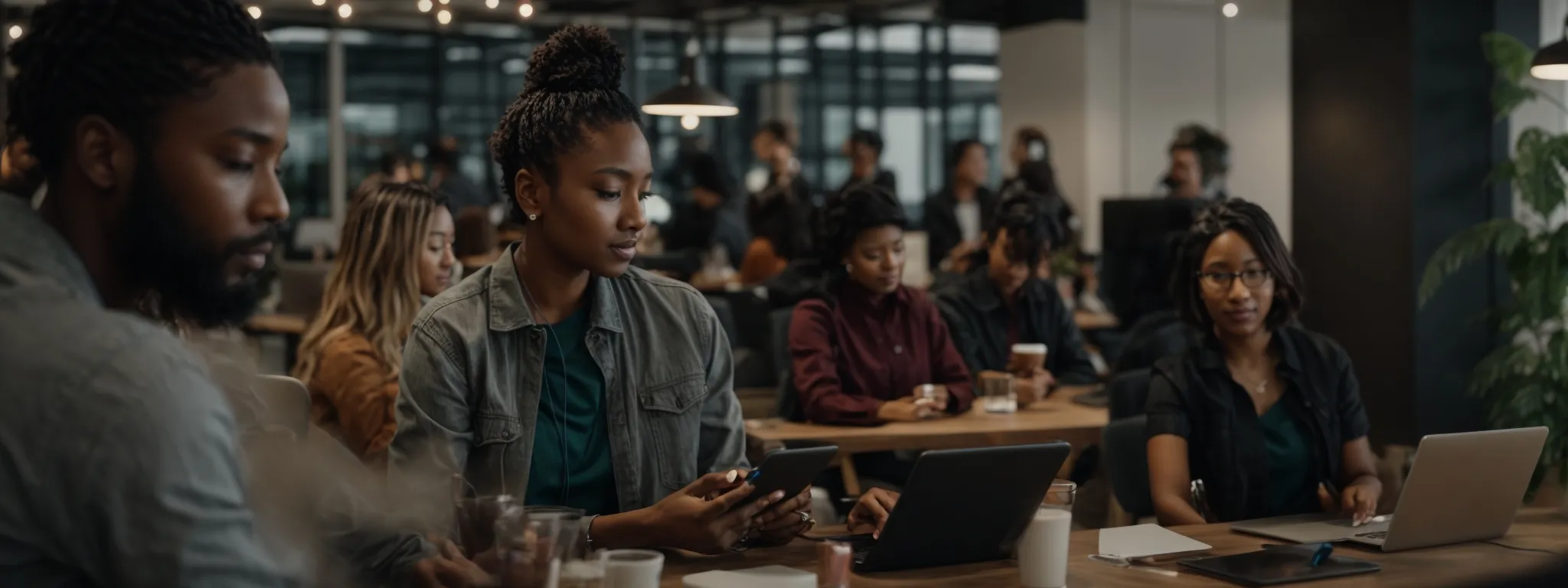 a group of diverse professionals networking at a modern co-working space with smartphones and laptops open.