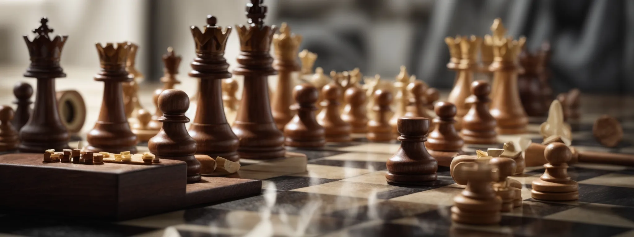 a chessboard with some pieces positioned as if in mid-game, symbolizing strategy and competition in marketing approaches.