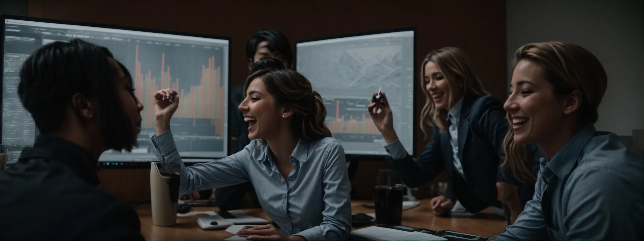 a group of excited marketing professionals celebrating as they view a computer screen showing rising analytics graphs.