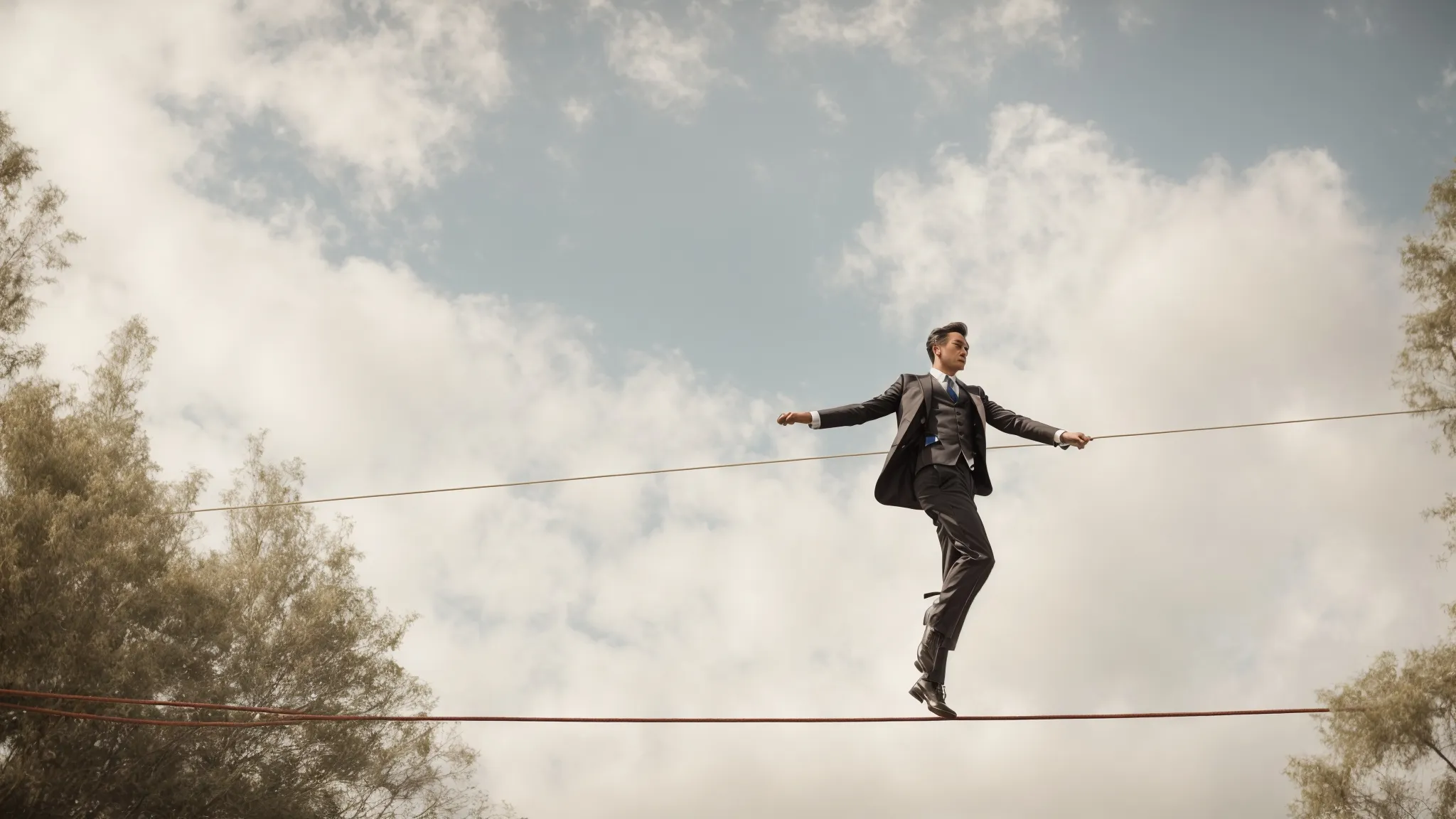 a tightrope walker strides confidently across a high wire, symbolizing the balance between immediate and future planning.