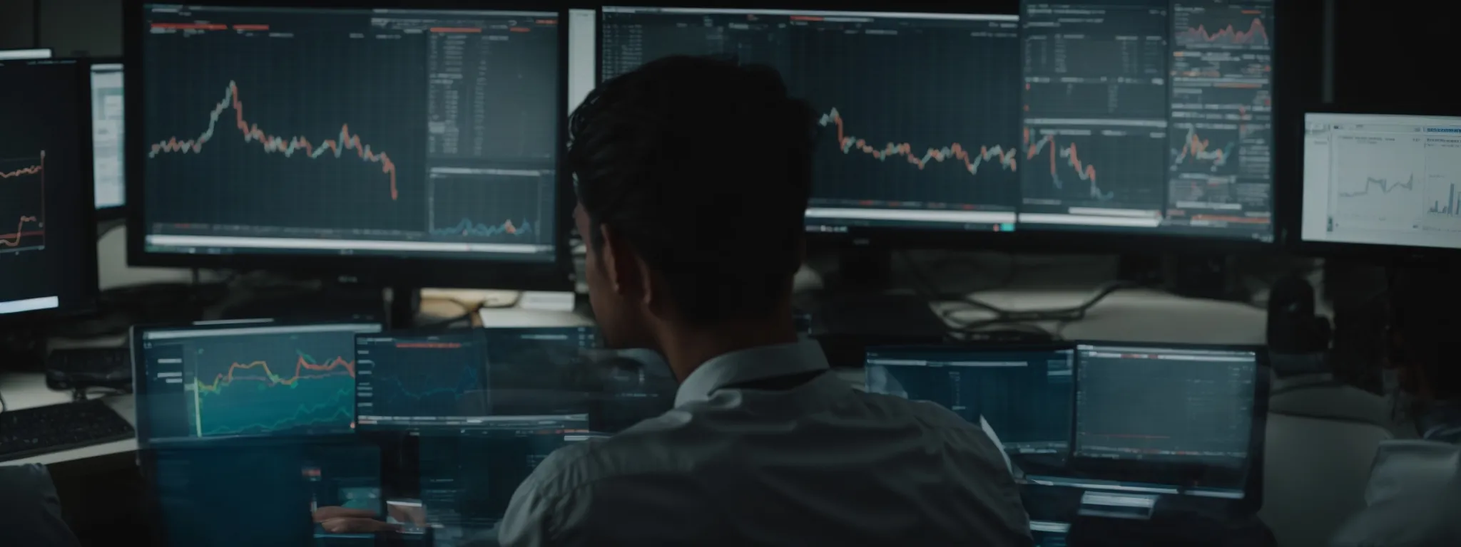 a person sitting at a desk with a computer, surrounded by graphs and analytics on the screen, deep in thought over a keyword research strategy.