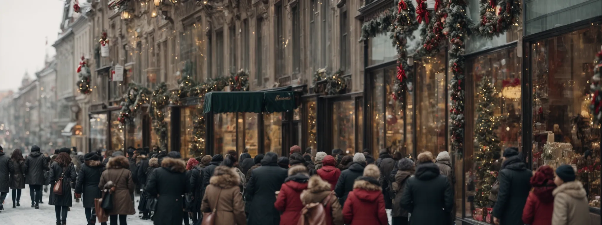a bustling shopping street adorned with festive decorations as shoppers pass by seasonal window displays.