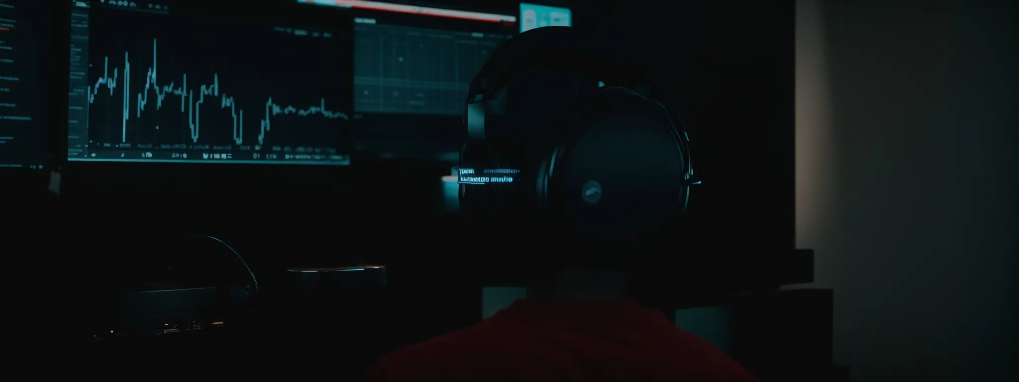 a person wearing headphones in front of a computer screen displaying waveforms, suggestive of audio editing.