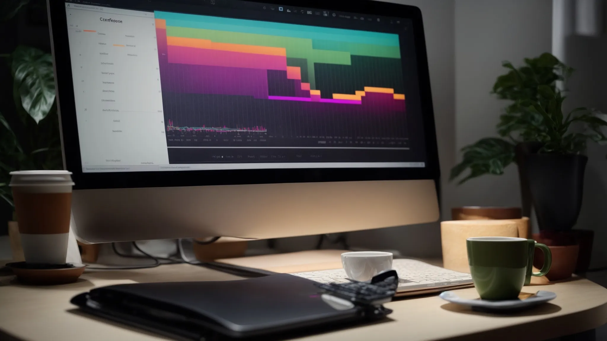a neat desk with a computer displaying colorful graphs, a planner, and coffee mug under soft lighting.