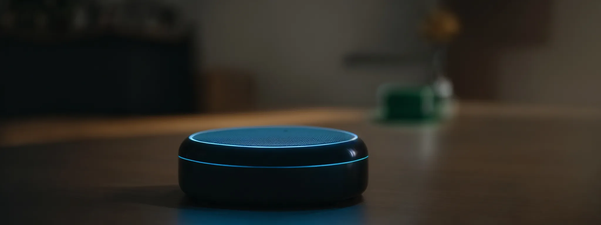a person speaking into a smart speaker on a table, with a visible response from a virtual assistant glowing on its screen.
