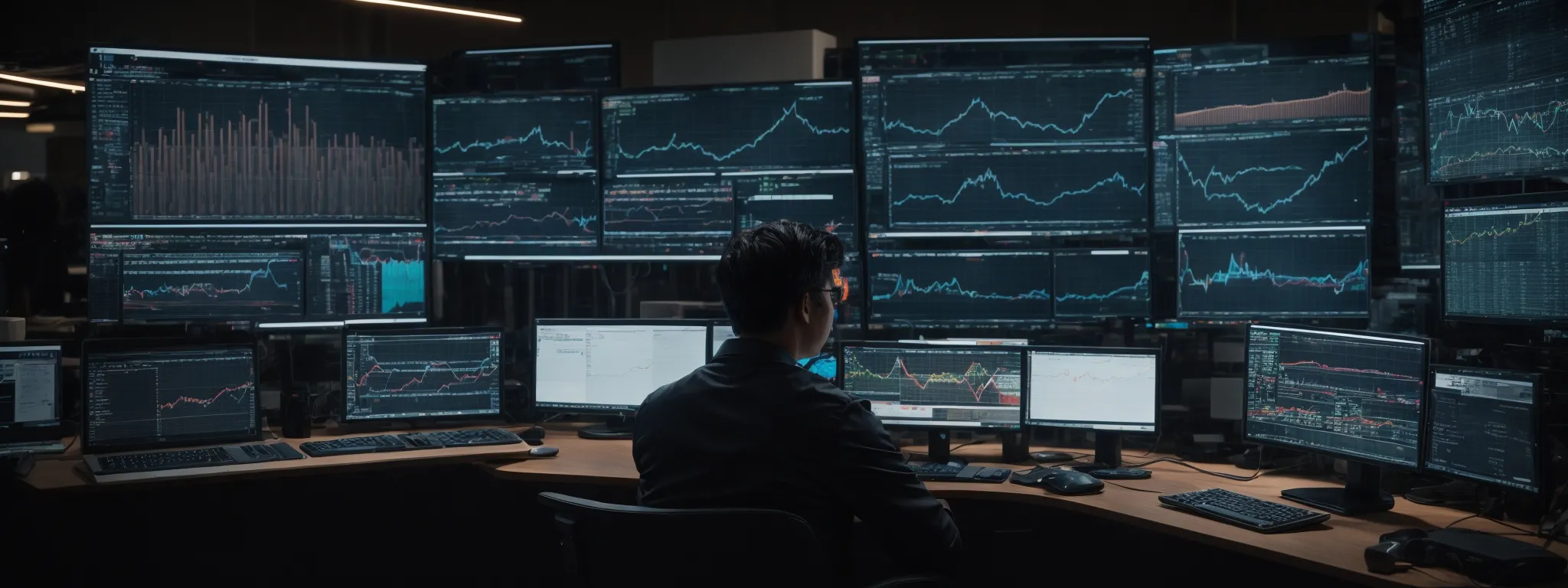 a person sits before multiple computer screens, analyzing complex charts and graphs that reflect web traffic and performance metrics.